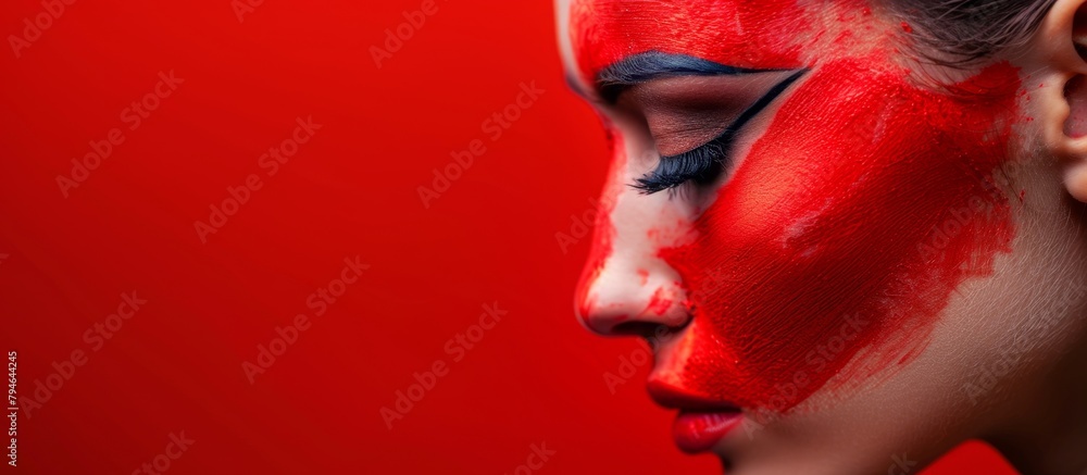 Close-up of a woman with bright red paint smeared on her face as she poses for the camera Close-up of a woman with bright red paint smeared on her face as she poses for the camera