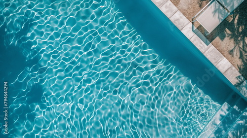 A glistening wave pattern reflecting sunlight on the water of an outdoor swimming pool viewed from above. Ripples surface texture. Summer background. Top view. Generative AI