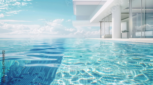 A luxurious white beach house with a lavish swimming pool, touching the blue sky and clouds. Generative AI