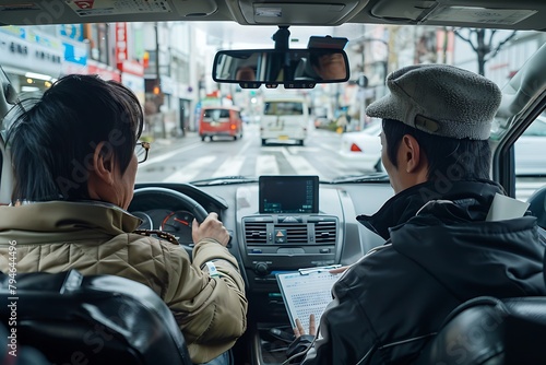 Two Japanese men sitting in the front seats of an SUV, looking at their driver's license cards while he is driving on a busy street in Japan photo