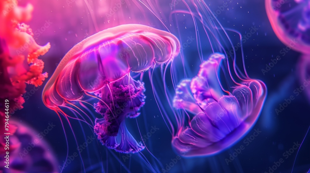 Jellyfish floating in the water with a bright light shining on them