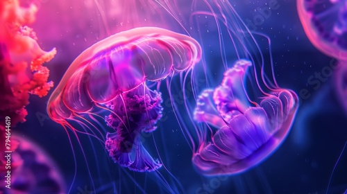 Jellyfish floating in the water with a bright light shining on them © 2rogan