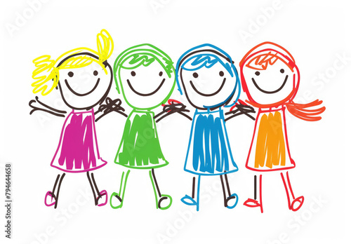 Cute stick figure illustration of four children holding hands  smiling and laughing together with rainbow colors on a white background.