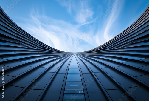 A low-angle view looking up at a modern high-rise building with a curved black metal exterior under the blue sky. Close-up. Upward shot  Low angle shot. Generative AI