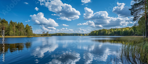 Landscape of lake with blue sky in background