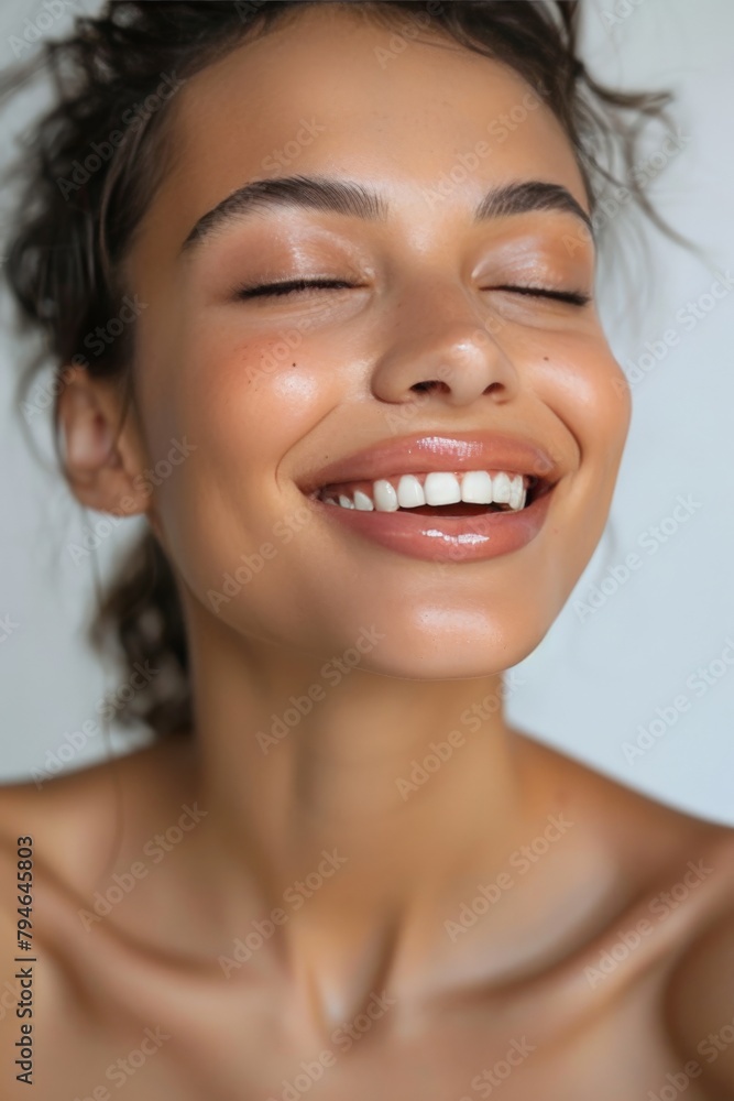Happy woman with flawless complexion after skincare regimen Happy woman with flawless complexion after skincare regimen