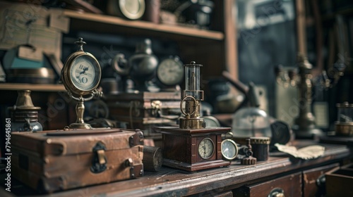 The background fades into an oldfashioned display of delicate relics transporting the observer to a bygone era and sparking a sense of curiosity and wonder. . photo