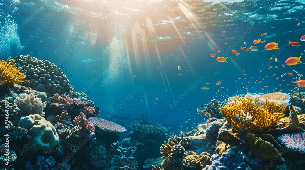 Underwater scene showing a coral reef teeming with marine life