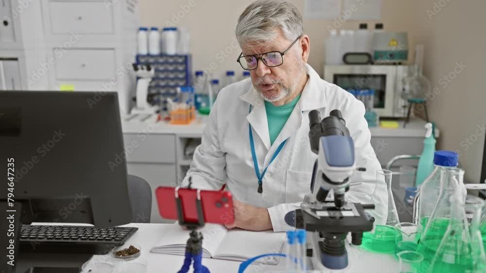 Grey-haired scientist engages in a videocall inside a laboratory, using a smartphone and wearing a lab coat. Grey-haired scientist engages in a videocall inside a laboratory, using a smartphone and wearing a lab coat.