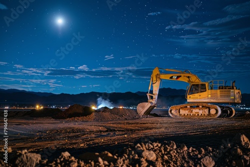 Professional Photography of a late-night construction crew working on a major infrastructure project, their heavy machinery roaring, Generative AI photo