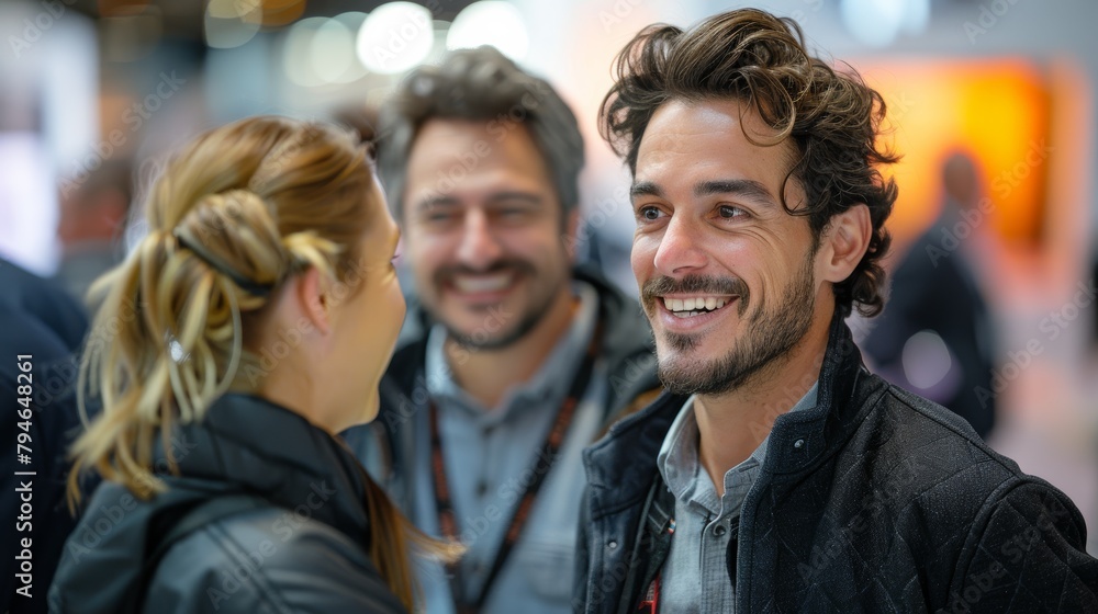 dynamic trade show moment, Professionals chat and laugh, with one man in his thirties smiling amid colleagues, against backdrop of product displays. dynamic trade show moment, Professionals chat and laugh, with one man in his thirties smiling amid colleagues, against backdrop of product displays.