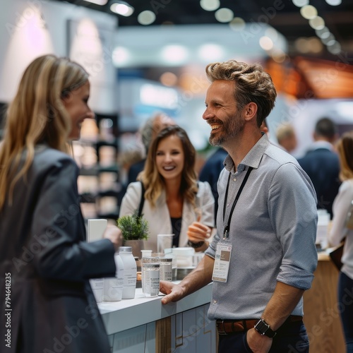 dynamic trade show moment, Professionals chat and laugh, with one man in his thirties smiling amid colleagues, against backdrop of product displays. photo