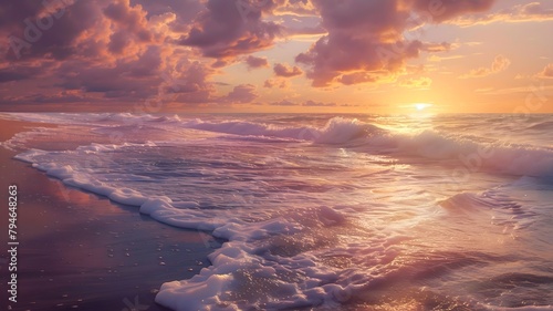 Gentle waves serenade the sandy coast as the sun bids farewell, painting the sky with hues of orange and pink.   © Zestify