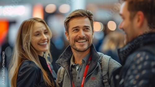 dynamic trade show moment, Professionals chat and laugh, with one man in his thirties smiling amid colleagues, against backdrop of product displays.