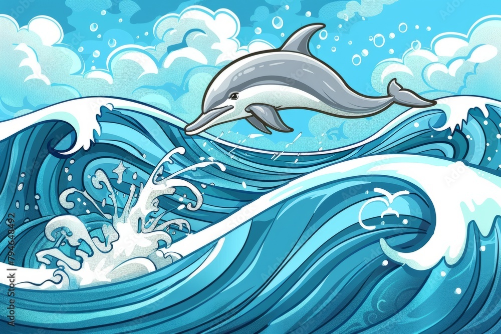 Cartoon cute doodles of a friendly dolphin jumping playfully over ocean waves, Generative AI Cartoon cute doodles of a friendly dolphin jumping playfully over ocean waves, Generative AI