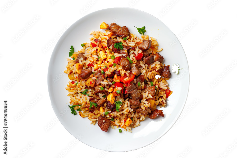 Pilaf with meat and vegetables on a plate isolated on a transparent background Pilaf with meat and vegetables on a plate isolated on a transparent background