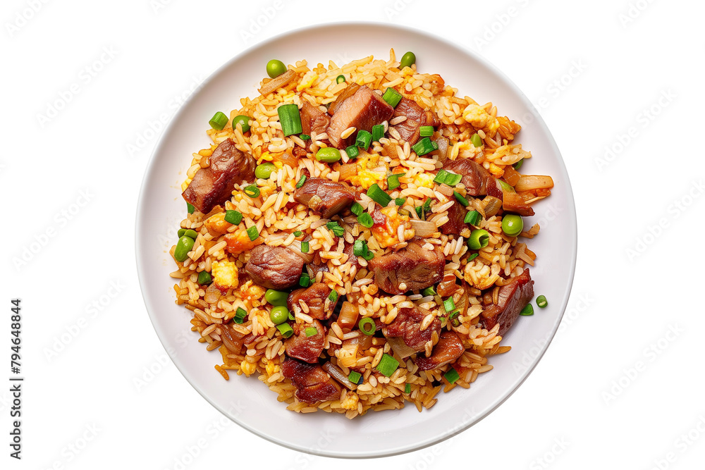 Pilaf with meat and vegetables on a plate isolated on a transparent background Pilaf with meat and vegetables on a plate isolated on a transparent background
