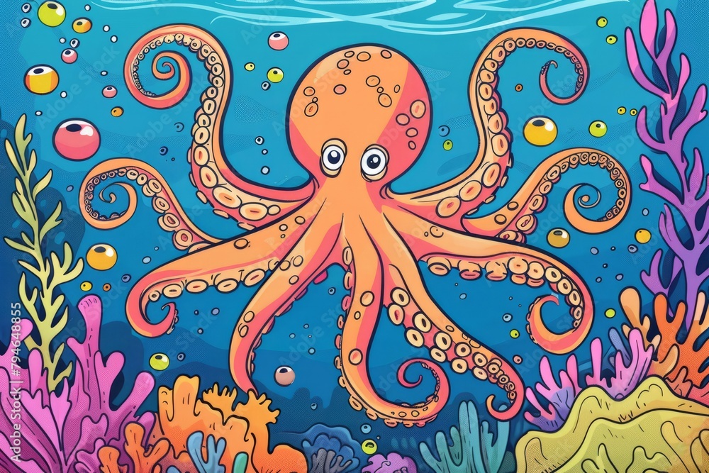 Cartoon cute doodles of a happy octopus playing hide-and-seek among colorful coral reefs, Generative AI Cartoon cute doodles of a happy octopus playing hide-and-seek among colorful coral reefs, Generative AI