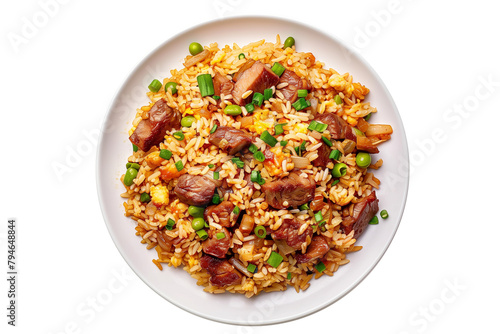 Pilaf with meat and vegetables on a plate isolated on a transparent background