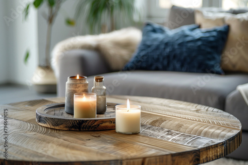 Close up of wooden round coffee table with candles near sofa. Scandinavian interior design of modern living room, home. © Sangkarn