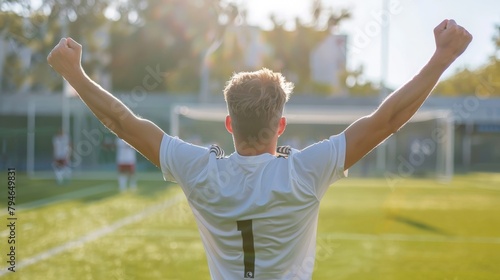 Soccer player celebrating a goal on the green pitch