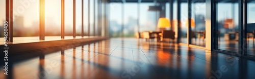 Blurred background image of a large hallway in a modern office (easy to use for a banner)