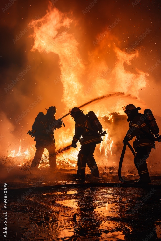 Fototapeta premium Professional Photography of a firefighter team responding to a late-night emergency call, bravely battling flames to save lives and property, Generative AI