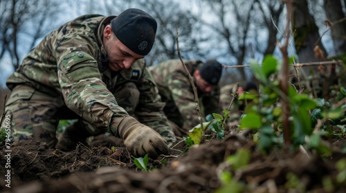 Soldiers planting trees to restore the environment, their faces filled with determination