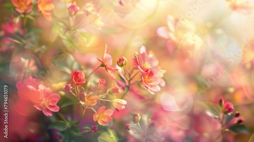 Defocused Floral Fantasy A romantic blur of vibrant greens delicate pinks and sunny yellows conjures images of a blossoming garden in full bloom. .