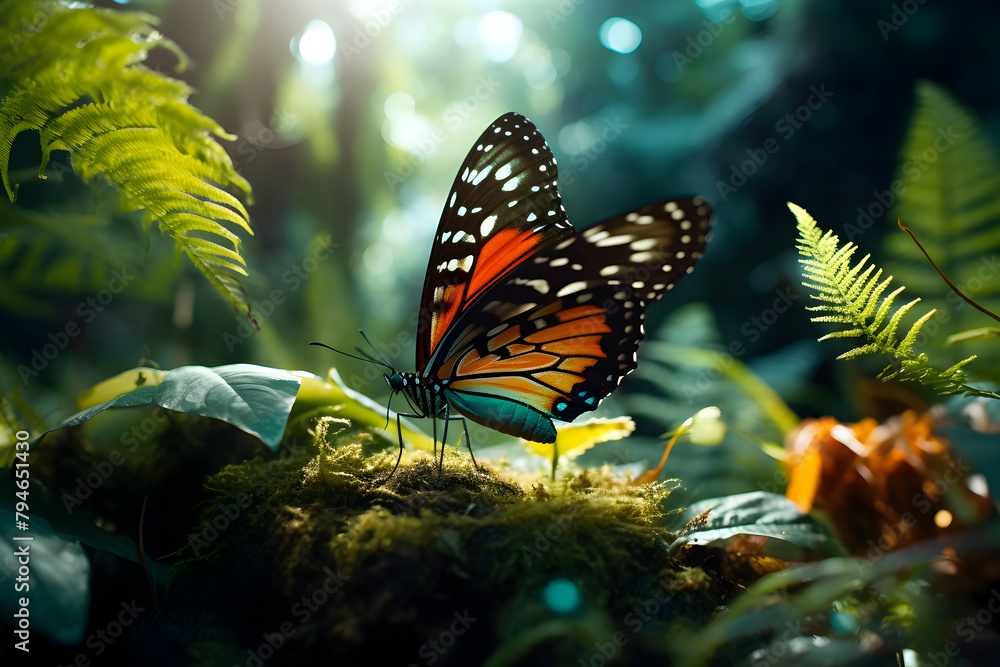 A colorful butterfly rests on the vibrant green leaves of a dense forest. A colorful butterfly rests on the vibrant green leaves of a dense forest.