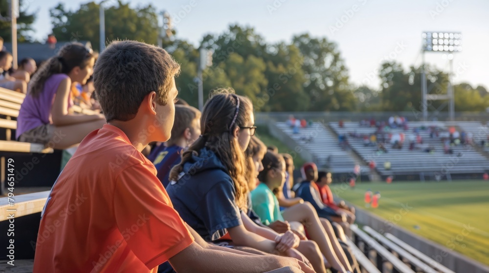 Spectators watching a soccer game from the bleachers Spectators watching a soccer game from the bleachers