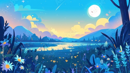 Illustration of a picturesque nighttime cartoon landscape seamlessly blending nature elements in a flat 2d style photo
