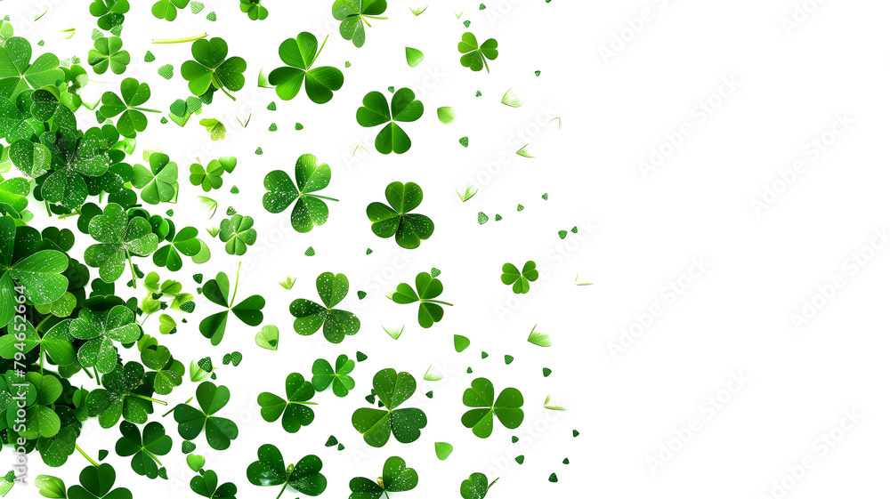 Flying green clover leaves floating isolated on a transparent background Flying green clover leaves floating isolated on a transparent background