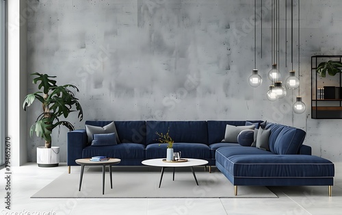 Modern blue sofa with armrests and an L-shaped seat, a concrete wall behind it photo