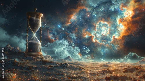 The hourglass stands tall amidst a celestial gathering its sands slowly filtering through the slender neck. Amidst the ling of distant stars it symbolizes the neverending photo