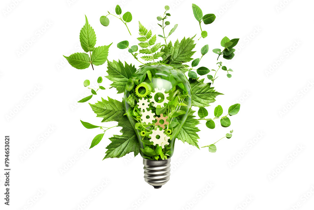 Light bulb with green leaves and gears mechanism isolated on ...