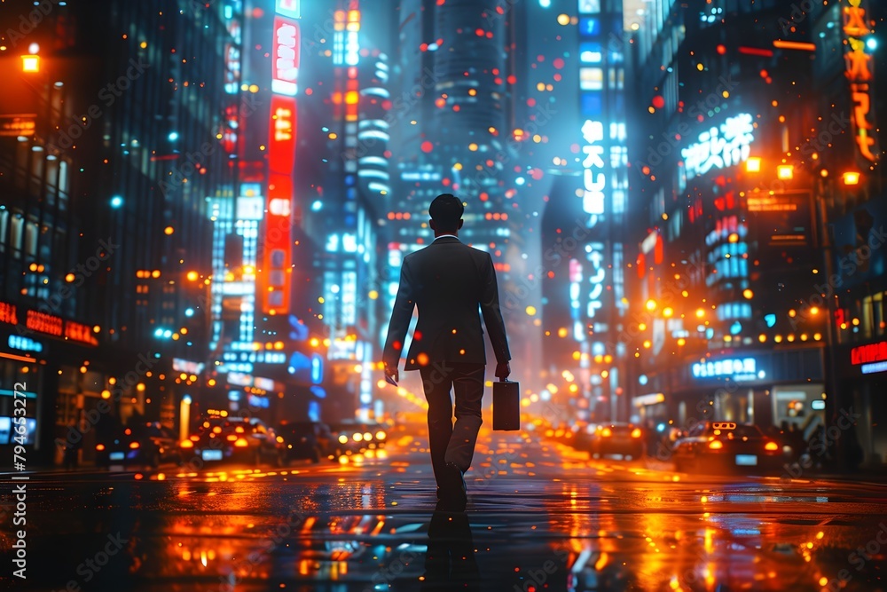 Solitary Businessman Navigates Neon Lit Cityscape at Nightfall