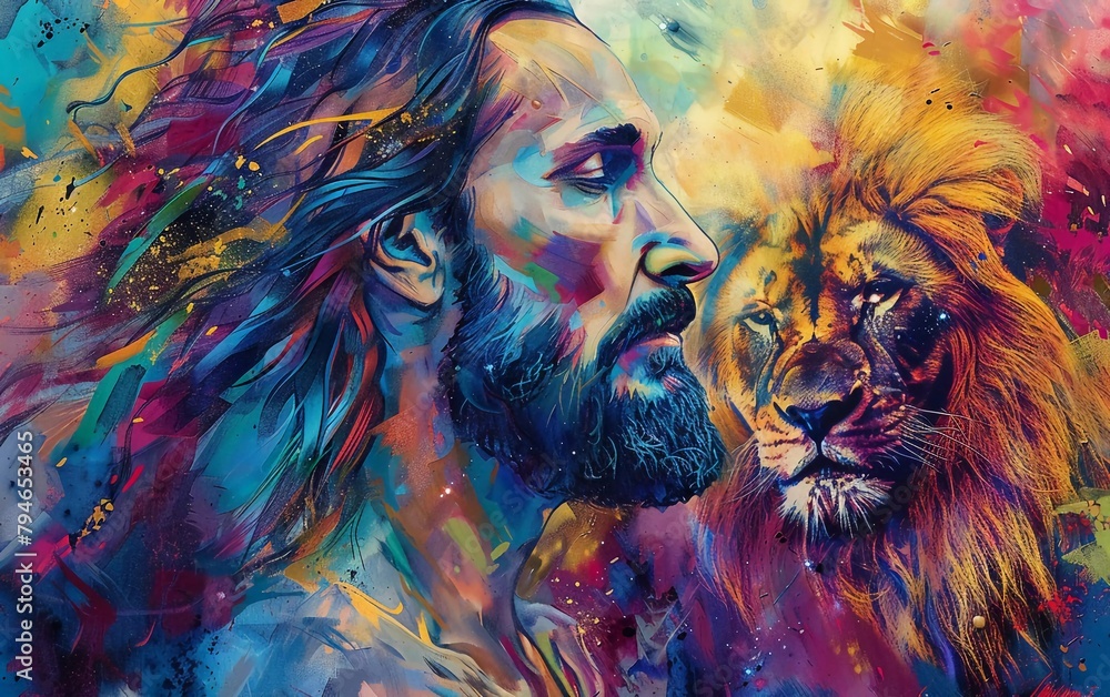 painting of Jesus with a lion, with a beautiful colorful background