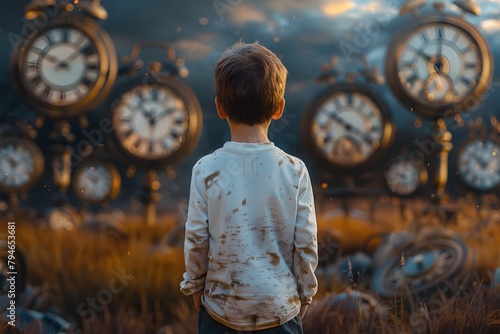 Solitary Boy Stands Amidst Towering Clocks in Surreal Fantasy Landscape Reflecting on the Passage of Time photo
