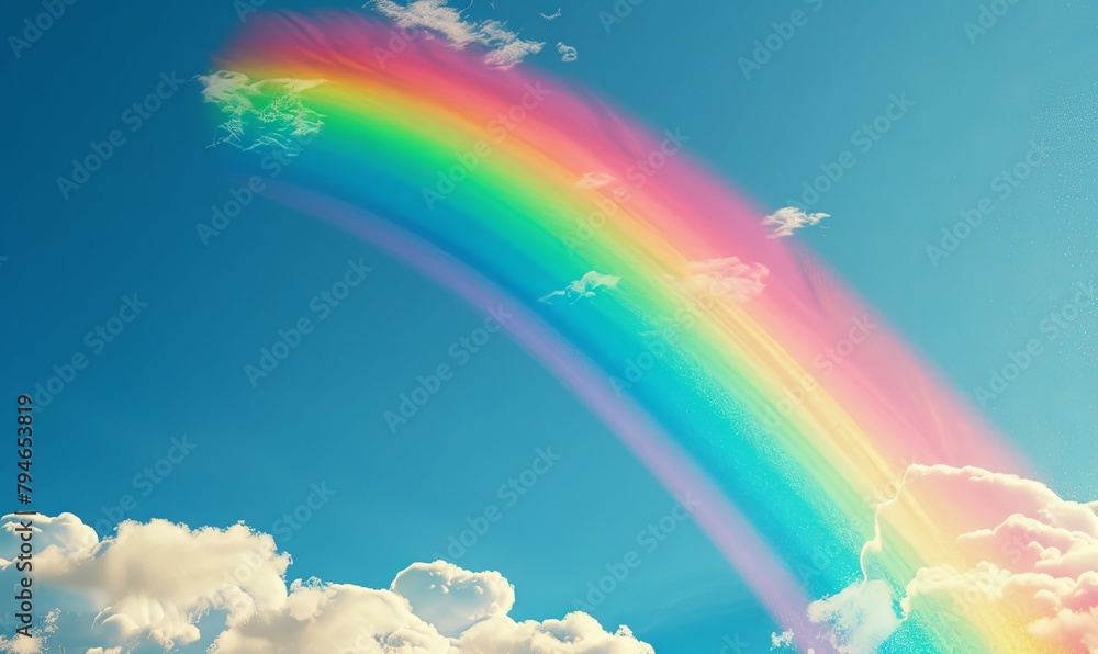 Dreamy rainbow across a sunny cloudy sky - A digitally created image of a vibrant rainbow arching across a bright blue sky with fluffy white clouds