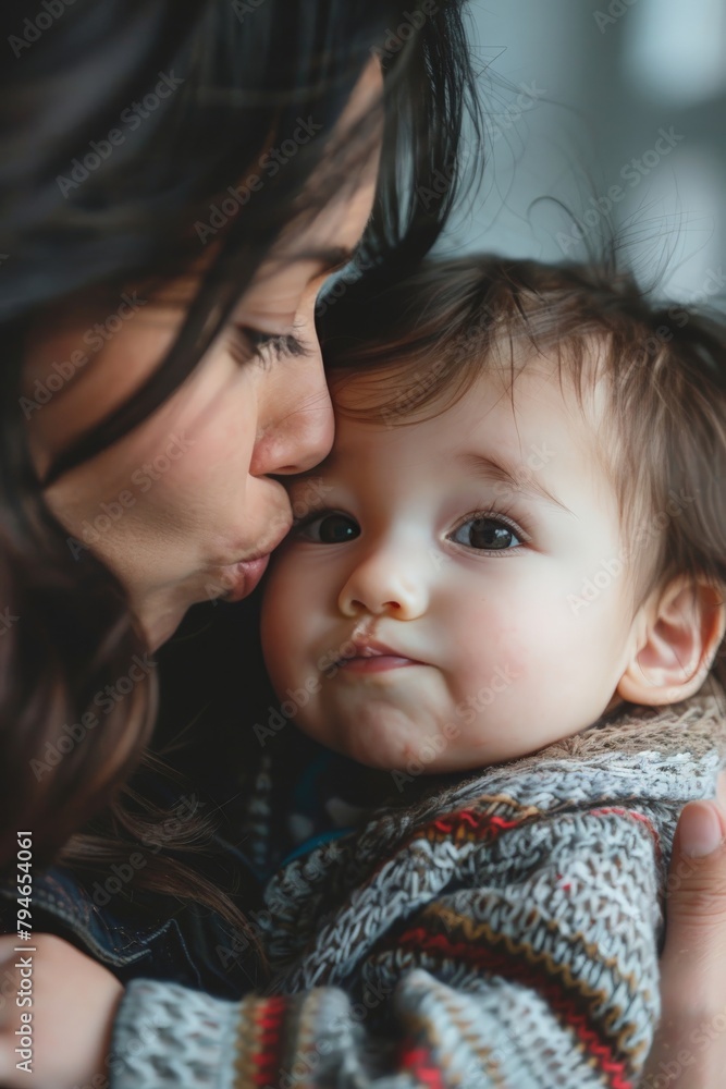 Tender moment of mom kissing her child's forehead Tender moment of mom kissing her child's forehead