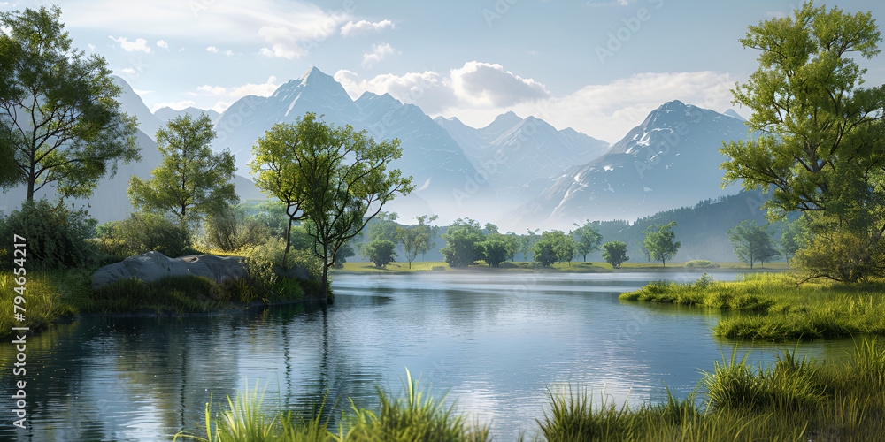 Raster illustration of beautiful lake with mountains in the background Virgin nature Landscape
