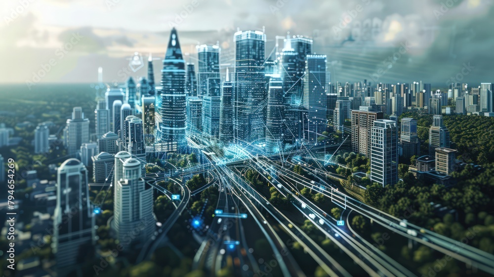 Obraz premium Smart city skyscraper view, technology icons, internet of things, with smart services networks background concept. Neon light speed access 5G internet symbol.