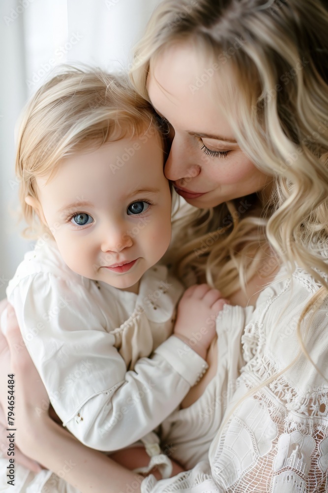 Tender moment of mom kissing her child's forehead Tender moment of mom kissing her child's forehead