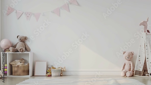 Cozy child's room with teddy bears and toys - A warmly lit corner of a child's room with cuddly teddy bears, toys, and soft pink decorations for a nurturing environment photo
