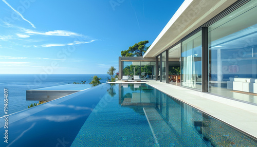 Contemporary luxury villa with expansive glass facades and an infinity pool, facing the ocean on a bright summer day. © ILOVEART