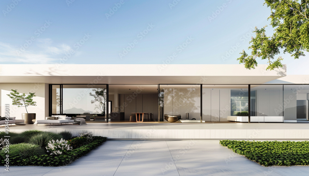 Contemporary residence with large sliding glass doors and minimalist landscaping, under the bright, clear summer sky.