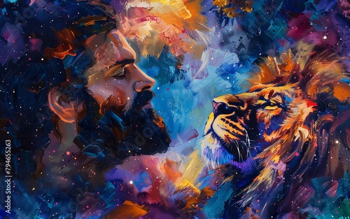 painting of Jesus with a lion, with a beautiful colorful background © Harjo