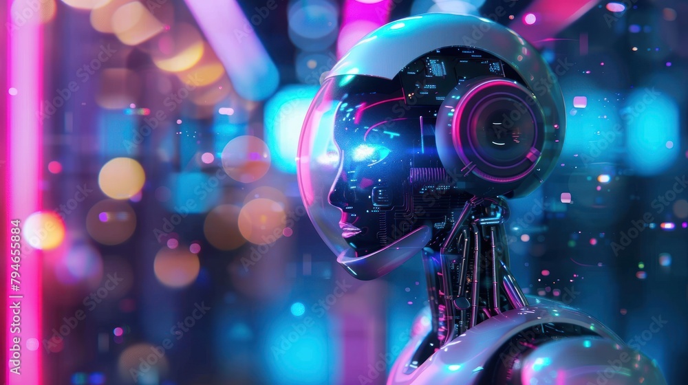 White woman cyborg on blurred background using digital datas interface AI generated White woman cyborg on blurred background using digital datas interface AI generated
