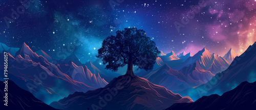 night sky in mountains with a big tree in the middle photo